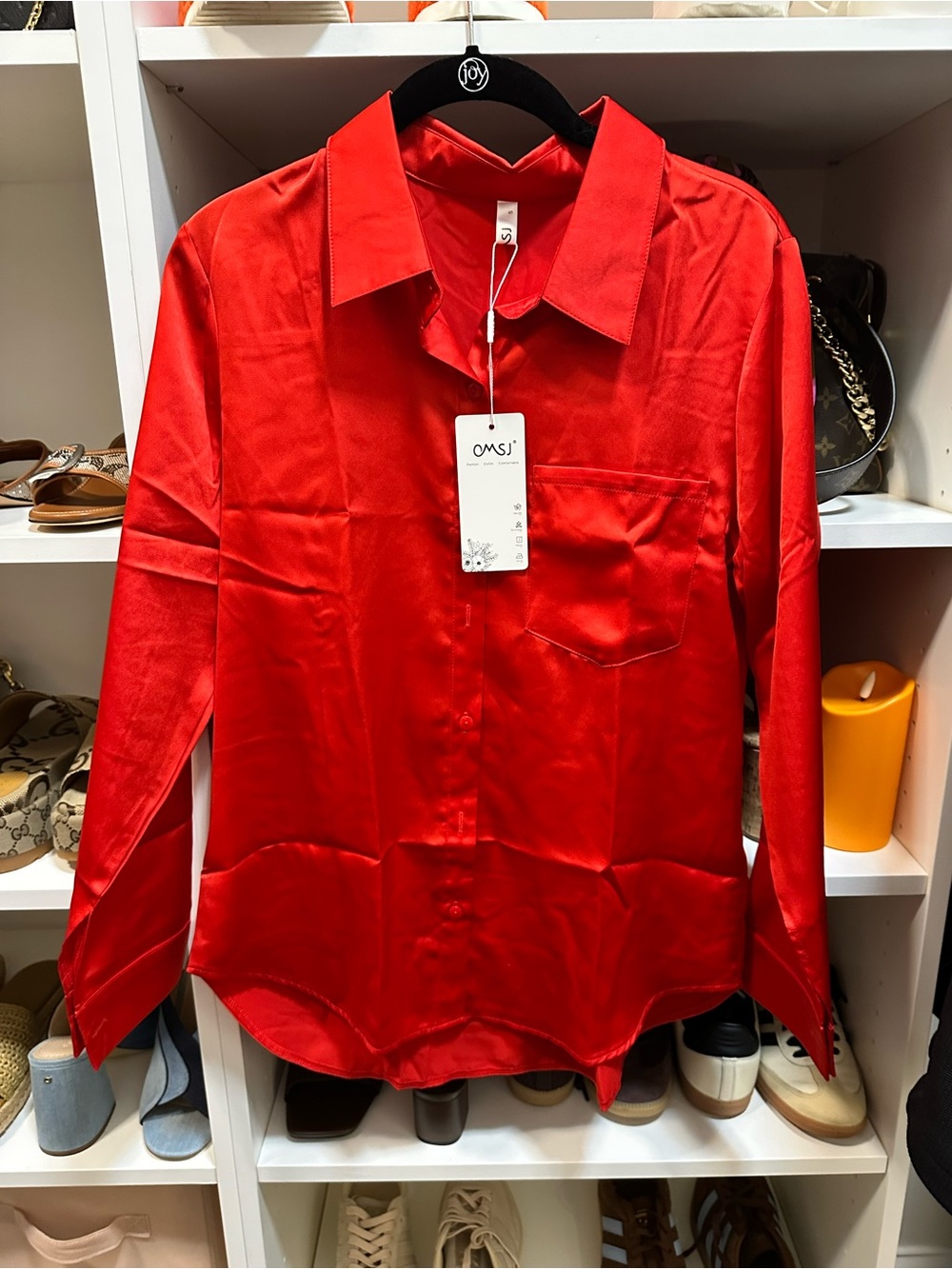 NWT Red Satin long-sleeved shirt size S